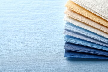Poster - Colorful Stack of Textured Papers in Pastel Shades on Blue Background for Creative Projects
