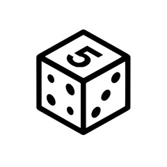 Poster - Isometric die with five on top and dots on the sides in black and white simple vector design style