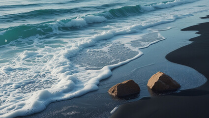 ultra-realistic ocean waves hitting dark sandy beach with foamy surf, shimmering wet sand, sunlit co
