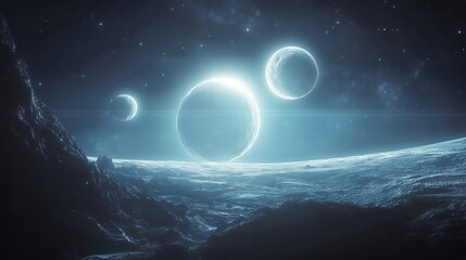 Wall Mural - three celestial bodies orbiting in a starry sky above a distant planet.