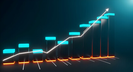 Poster - 3D Bar Chart Showing Upward Trend with Glowing White Cyan and Orange Lines on Dark Blue Background Represents Financial