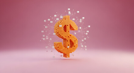 Poster - 3D Render of an Orange Voxel Dollar Sign with Floating White Cubes on a Soft Pink Background Highlighting Digital