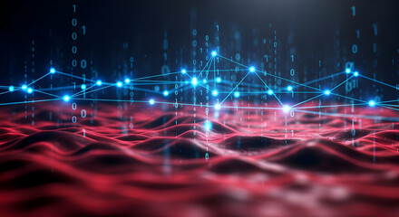 Poster - Abstract Digital Landscape Glowing Blue Network with Binary Code on Red Wavy Texture Background Represents Modern