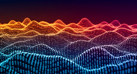 Poster - Abstract Digital Landscape with Binary Code Terrain Made of Glowing White Dots in Blue Orange and Red Gradient
