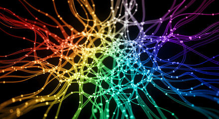 Poster - Abstract Rainbow Network of Interconnected Light Streaks Radiating From Center on Black Background Creates a Futuristic