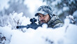 © miracle - Focused A man Soldier in Camouflage Uniform with Rifle in Snowy Field