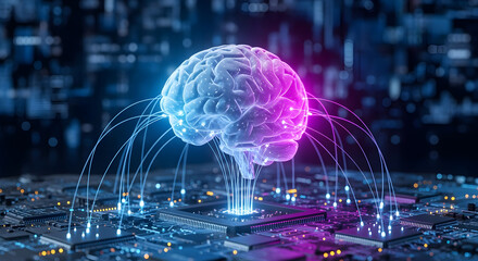 Poster - Artificial Brain Illuminated in Blue and Pink Hues on a Complex Circuit Board Background