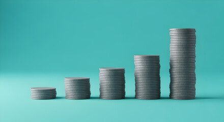 Poster - Ascending Coin Stacks Symbolizing Financial Growth on Cyan Background in Studio Setting