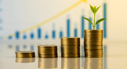 Poster - Ascending Gold Coin Stacks with Sprout Against Blurred Graph Background Show Financial Growth and Investment in Bright