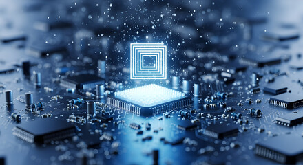 Poster - Blue Computer Chip with Glowing Maze Symbol on Circuit Board Technology Concept
