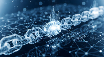 Poster - Close Up of an Illuminated Chain Link on a Blue Digital Network Background Conveying Concepts of Connection Technology