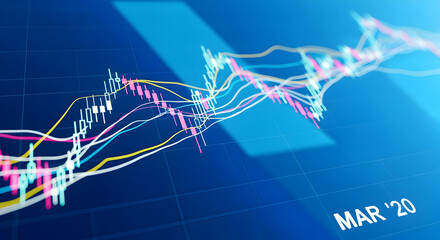 Poster - Close Up Stock Market Chart on a Blue Gradient Background Showing Financial Data and Candlestick Charts with Trading