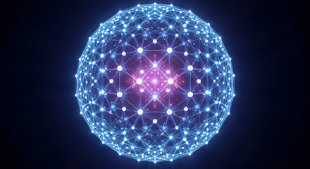 Poster - Complex Glowing Blue Sphere with Interconnected White Nodes Radiating a Pink Glow on a Dark Background Depicting