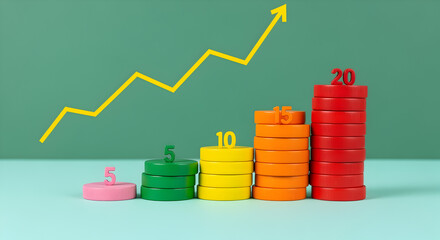 Poster - Colorful Stacked Chips Bar Chart Showing Financial Growth on Green Background With Yellow Arrow Illustration