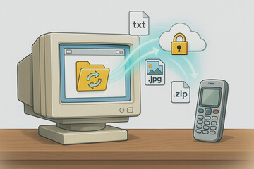 Poster - Digital Transfer: An illustration showing files being transferred between a vintage computer, cloud storage, and a mobile phone, representing seamless data exchange in a modern setting.
