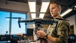 © photostockatinat - A technician inspects a drone, examining its technology and functionality. This image portrays a focused individual in a technological environment, possibly related to aviation or surveillance.