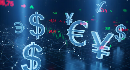Poster - Currency Symbols Dollar Euro and Yen on a Dark Financial Diagram Business Concept