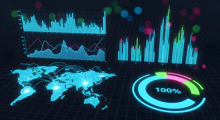 Poster - Data Visualization Displaying World Map Bar Graphs and Pie Chart in Glowing Cyan and Pink on Grid Background