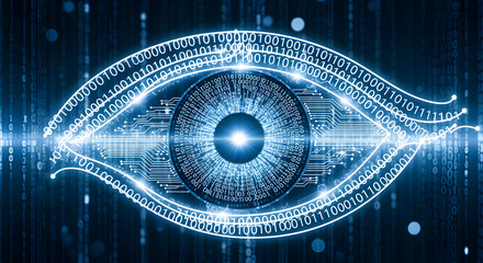 Poster - Digital Abstract Eye with Binary Code and Circuitry on Dark Blue Background Conceptual of Technology and Surveillance