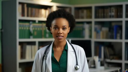 Woman doctor wearing white coat with stethoscope smiles in office with bookshelves