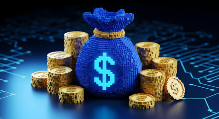 Poster - Digital Pixelated Money Bag with Dollar Sign Surrounded by Stacks of Gold Coins in Dark Blue Circuit Background