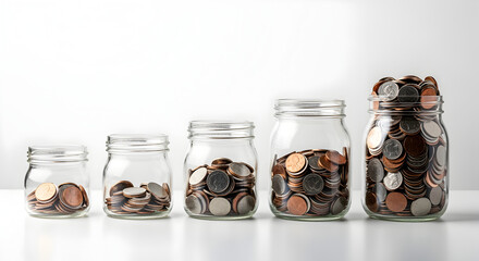 Poster - Display of Increasing Coin Amounts in Glass Jars Representing Growth and Financial Savings on White Seamless Background