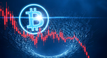 Poster - Dramatic Red Candlestick Chart Overlaid on a Luminous Blue Bitcoin Symbol with Abstract Glowing Patterns Illustrating