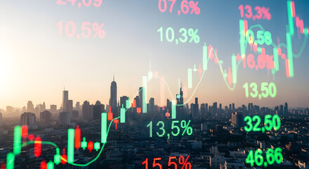 Poster - Dynamic Financial Chart Overlay on a Modern Cityscape with Data Displays and Rising Stock Market Trends under a Clear