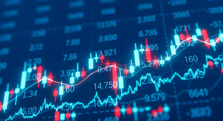 Poster - Dynamic Stock Market Chart with Red and Blue Candlesticks on a Dark Background Depicting Financial Data