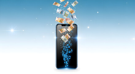 Poster - Euro Banknotes Flowing into Smartphone on Light Blue Gradient Background with Sparkling Light Effects