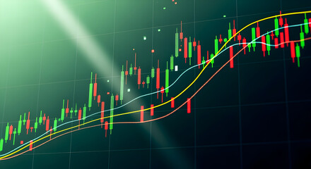 Poster - Financial Candlestick Chart with Red and Green Patterns on Green Background with Dramatic Spotlight Effect for Stock