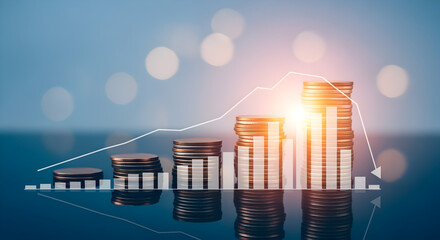 Poster - Financial Growth Represented by Stacks of Coins with Rising Graph Lines on Blue Background and Reflective Surface