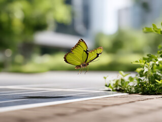 Earth Saving Net zero emission Concept, Yellow butterfly spreading wings with green foliage urban nature serves as symbol of earth saving journey toward net zero emission balance biodiversity