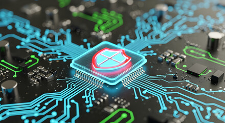 Poster - Glowing Blue Shield on a Microchip Symbolizing Cyber Security on Dark Circuit Board Background