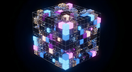 Poster - Glowing Cube Composed of Smaller Cubes with Blue Purple and Orange Light on a Black Background