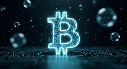 Poster - Glowing Digital Bitcoin Symbol on a Dark Circuit Board with Floating Bubbles in Blue Shade