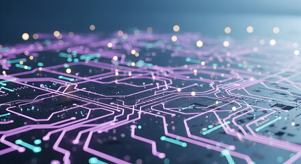 Poster - Glowing Purple and Blue Electronic Circuit Board Network on a Dark Surface with Bokeh Lights Abstract Background
