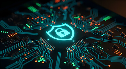 Poster - Glowing Turquoise Shield Icon with Padlock on Dark Circuit Board Background for Cybersecurity and Data Protection