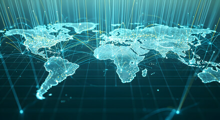 Poster - Glowing Teal World Map with Dotted Continents on Grid Background with Light Rays for Technology and Global Theme
