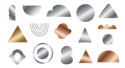 Poster - Collection of abstract geometric shapes in silver gold and copper tones on a white background art design