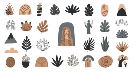 Aufkleber - Boho style illustration featuring leaves arches woman and other abstract shapes in neutral colors and black lines