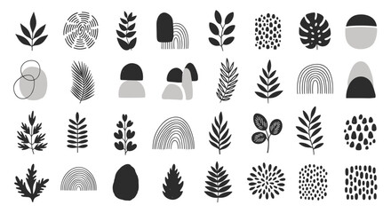 Aufkleber - Collection of various abstract botanical and geometric shapes in black and gray on white background