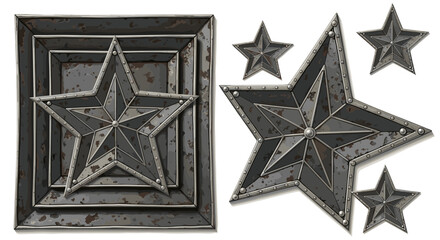 Poster - Illustration of metallic star shapes with rivets and a rectangular frame with nested star design