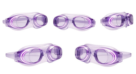 Five purple swim goggles arranged isolated on white showcasing the design & use for aquatic sports and recreational swimming