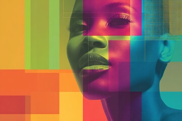 Poster - Portrait of a woman with vibrant colors and abstract geometric shapes in a modern art style showcasing bold features