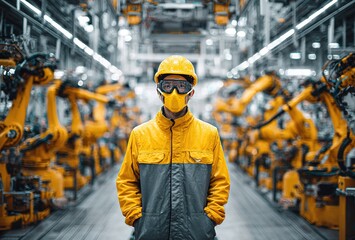 Poster - Worker in protective gear stands confidently among robotic arms in a modern manufacturing facility during daytime