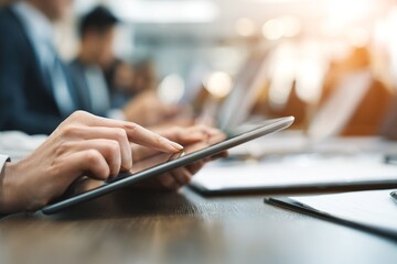 Poster - Individuals using tablets for collaboration during a business meeting in a modern office environment