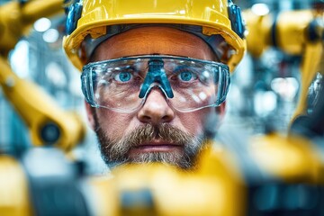 Poster - worker in safety gear focused on robotic machinery in an industrial setting during daytime with brig