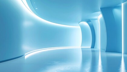 Poster - Expansive Futuristic Ice Blue Hallway with Smooth Curves and Integrated Lighting Creating an Otherworldly Ambiance