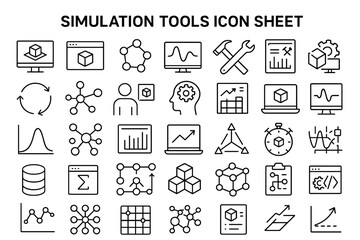 Poster - Simulation Tools Icon Sheet: A collection of minimalist, vectorized icons representing diverse simulation tools, encompassing various aspects of technology, research, and data analysis.